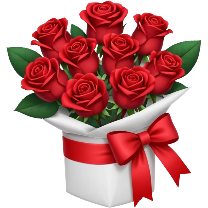 Dark red bouquet of roses wrapped in white wrapping paper with red bow emoji