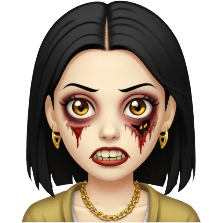 Faça uma zombie mulher com grillz com olhos castanhos cabelos liso preto partido ao meio e estilo baddie emoji