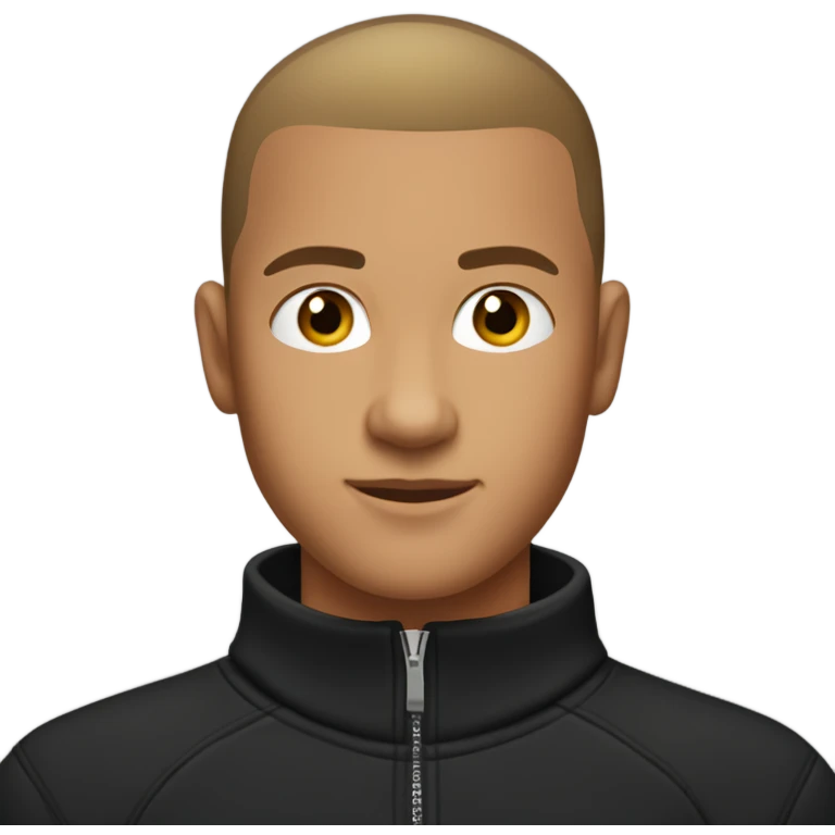 boy with light tanned skin, buzz cut, no facial hair, wearing a smart black quarter zip jumper with white t shirt underneath. emoji