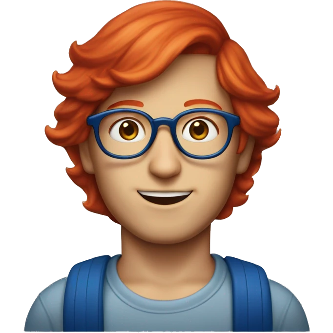 boy red hair 30s wearign blue hat and steve jobs glasses emoji