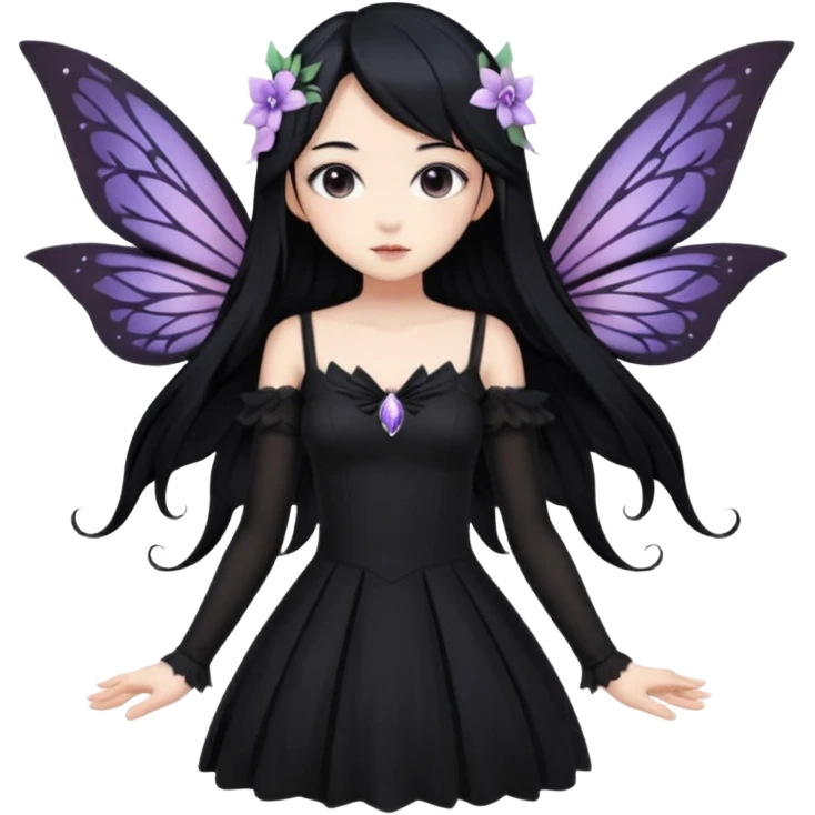 Gothic anime fairy with long beautiful black hair and black dress, pastelcore, emoji