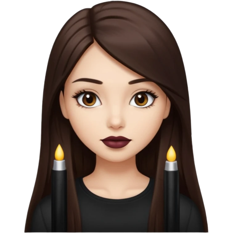 красивая девушка накрашенная с красивыми губами и ресницами брюнетка с длинными прямыми волосами в темно-коричневой кофте со спущенными плечами emoji