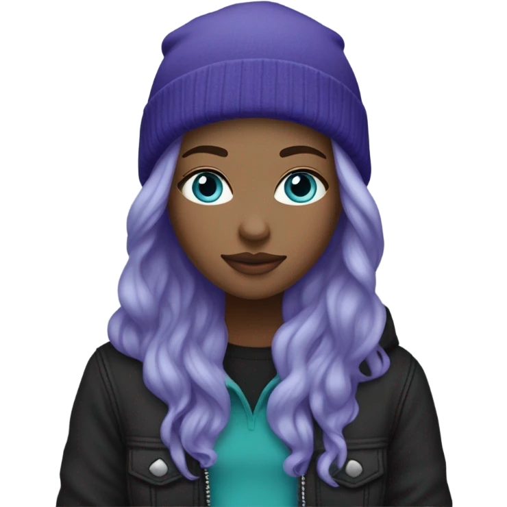 White girl, blue eyes, long teal hair, purple beanie hat, black hoodie, blue jeans, black shoes emoji