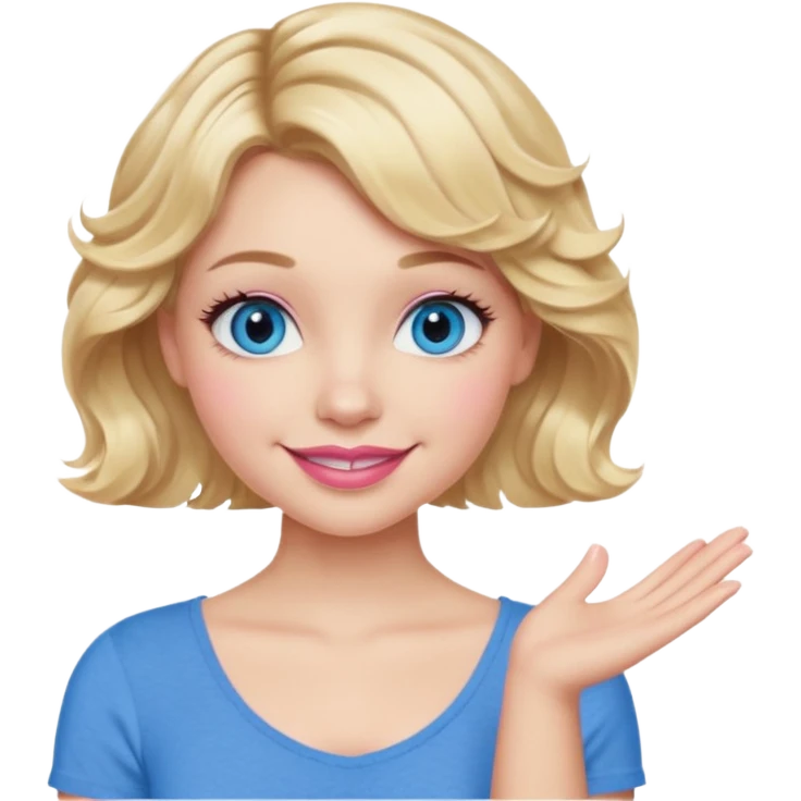 Girl Blonde short wavy hair,  blue eyes, cute blue top, long lashes, pink lips, smiling, one hand 🤷🏼‍♀️  emoji