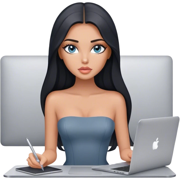 Glamours tanned very beautiful girl with pump peach lips and black straight smooth long hair, blue-grey eyes in grey strapless bodysuit with one MacBook in office emoji