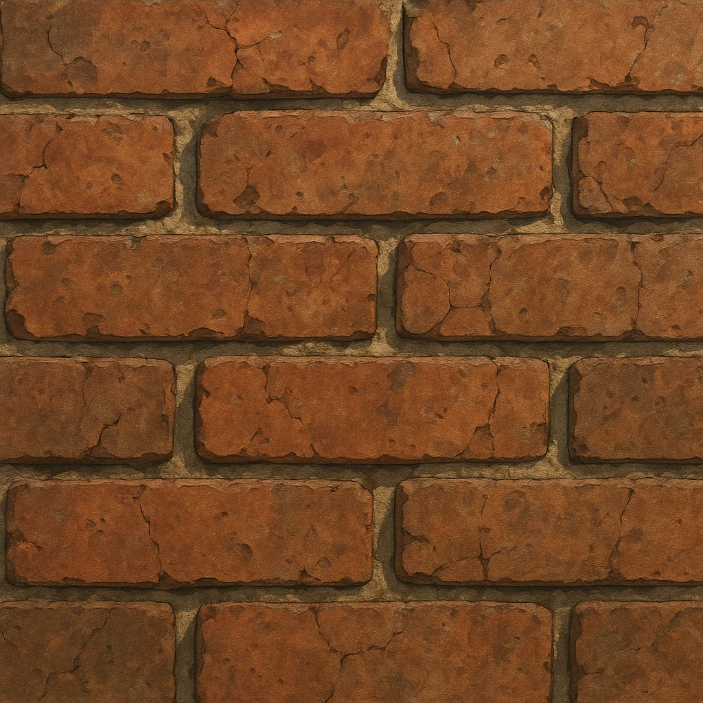 ghibli style close-up of a brick wall, red and brown bricks, visible mortar, rough texture, natural lighting, slight weathering, cracks emoji