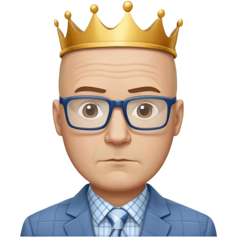 Larger 50-year-old man with wide square face. Male pattern baldness with hair only on top/crown of head, completely bald sides. Large dark square glasses. Serious expression. Light gray blazer, white shirt with blue checkered pattern. emoji