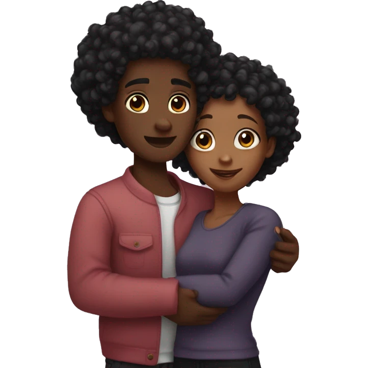 Black girl with curly dark pink hair and brown boy with short black hair hugging  emoji