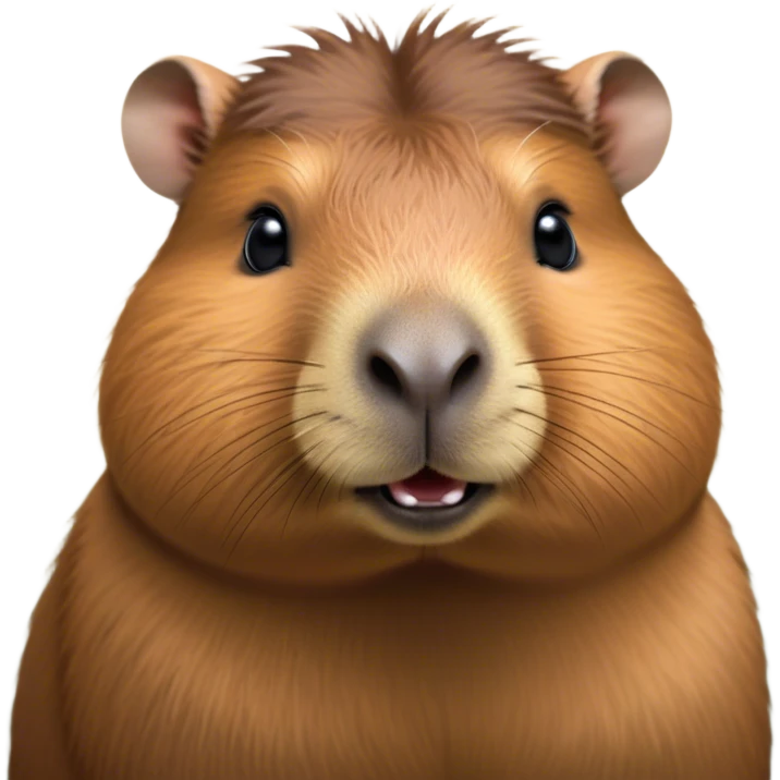 Cinematic Cute Capybara Portrait Emoji, Head tilted playfully and inquisitively, with a delightfully fluffy, rounded form and a characteristically large, flat capybara head featuring a short snout and small ears, accentuated by soft, inviting fur and round, sparkling eyes full of charm, Simplified yet irresistibly adorable features, highly detailed, glowing with a warm, friendly glow, high shine, affectionate and lively, stylized with a touch of whimsical cuteness, soft glowing outline, capturing the essence of a mischievous yet loving capybara that feels like it could tumble out of the screen into your arms! emoji