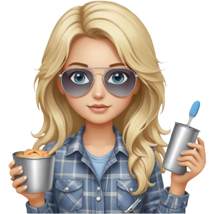 girl with long blond messy hair wearing grey plaid shirt with blue eyes and aviator sunglasses wearing a ring on her silver necklace, holding baking supplies emoji