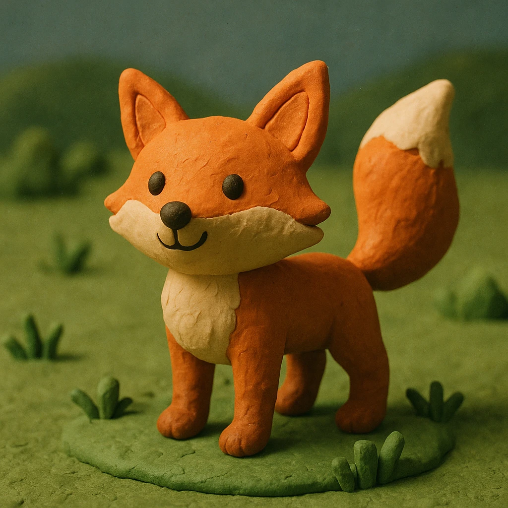 fox with a bushy tail, standing alert, cheerful and cute, in a grassy meadow, claymation style emoji