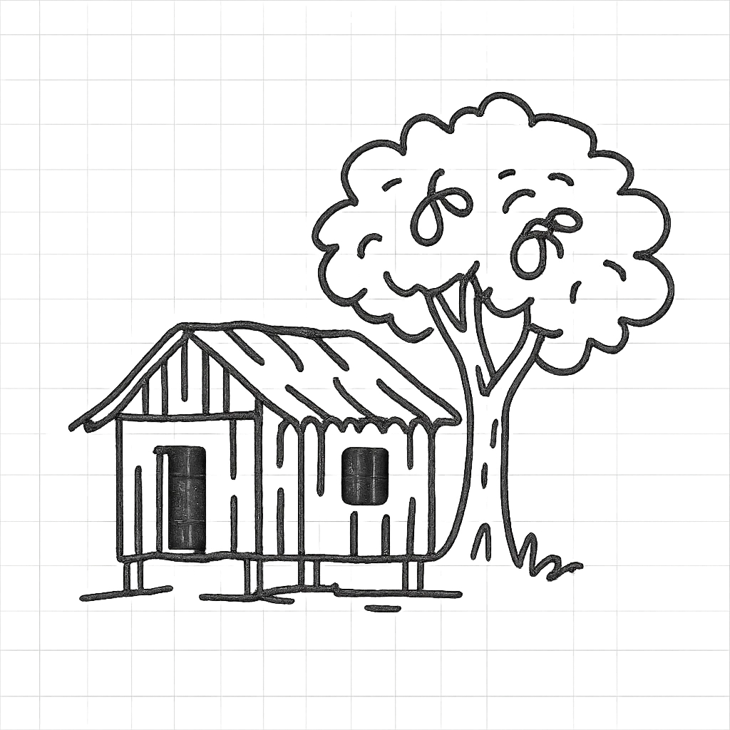 mango wood house from barrio with mango tree emoji