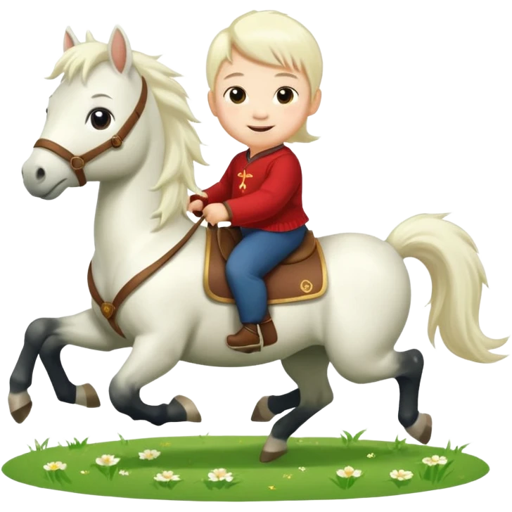 l little chinese baby riding on a  cute horse running on the grass with 2026 year label emoji