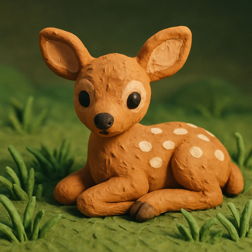fawn with spots, lying in grass, soft lighting, cute and detailed fur, claymation style emoji