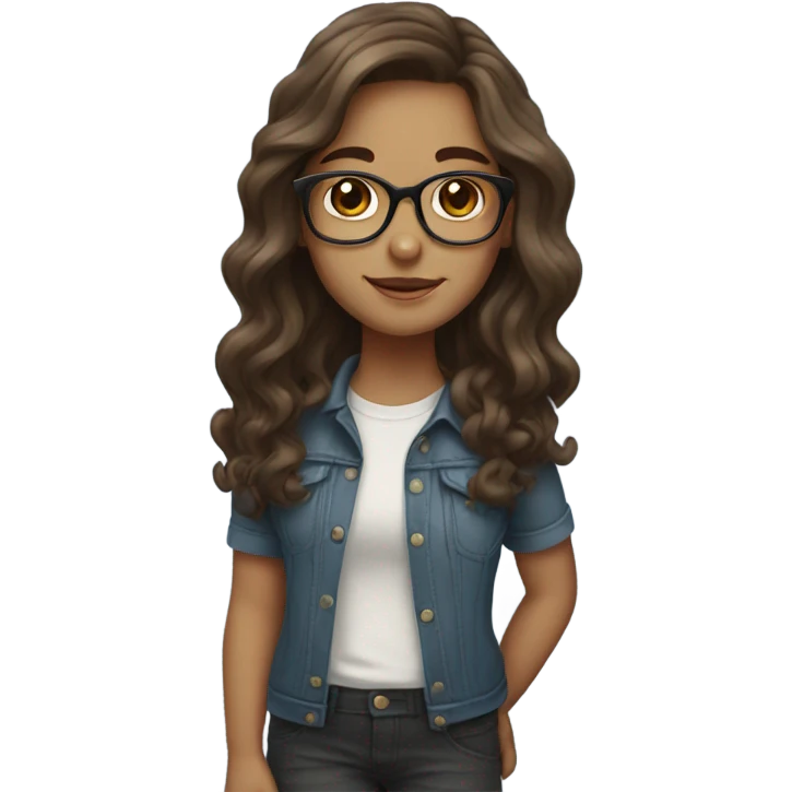 Girl with brown long wavy hair, glasses, brown eyes emoji