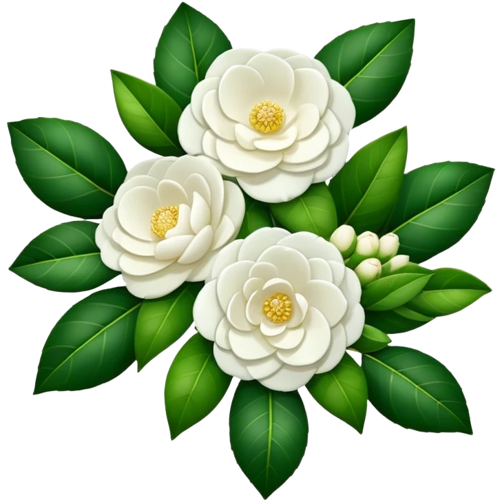 big bouquet White Camellia, luxuriant, stem, leaf emoji