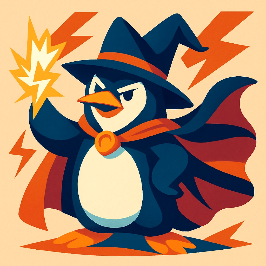heroic penguin wizard with dramatic cape and lightning magic, bold dynamic style emoji