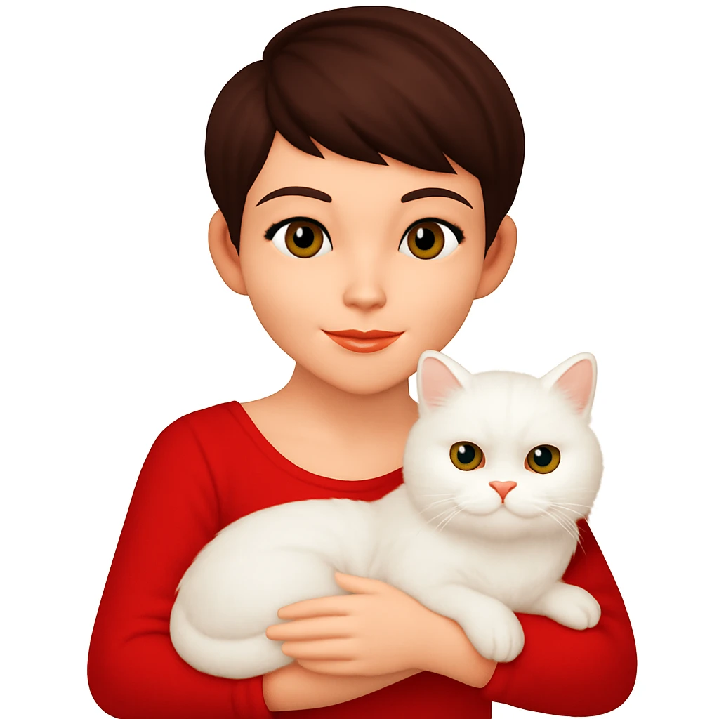 Brunette woman snuggling white Persian cat, emoji style, wearing a red dress, with a pixie cut emoji