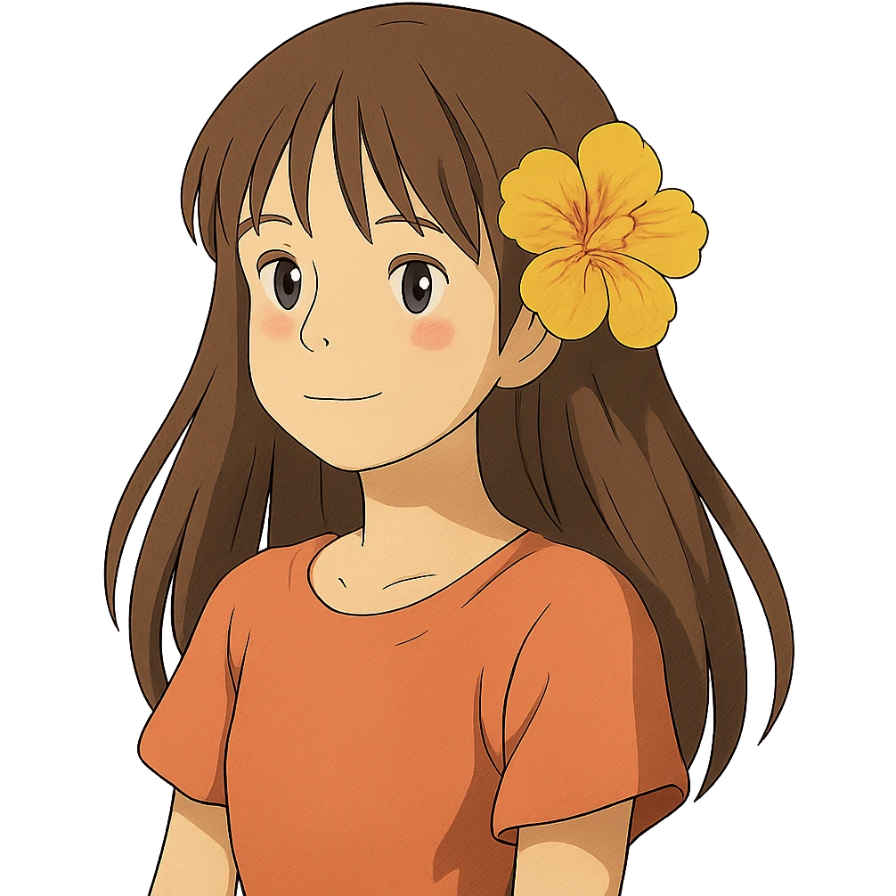 ghibli style girl with straight hair, flower in hair, summer theme emoji