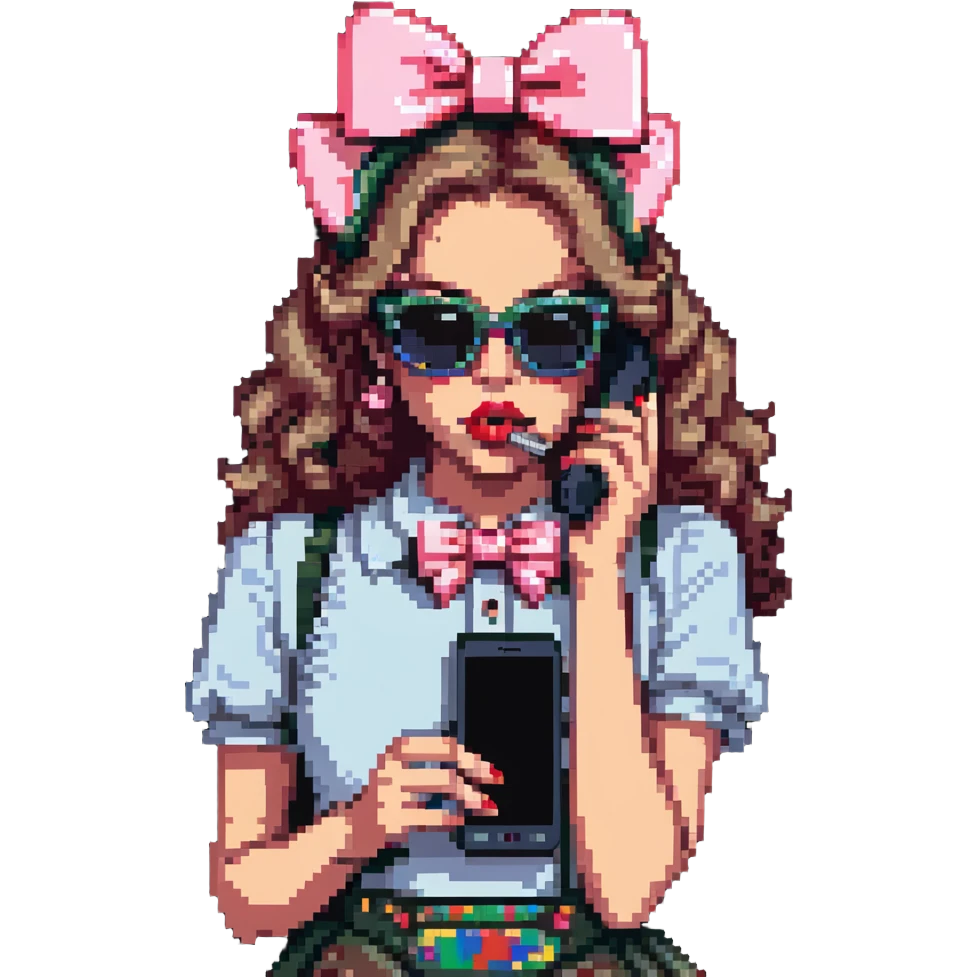 Girl with huge lips, sunglasses, bow on her hair, holding a phone with attitude emoji