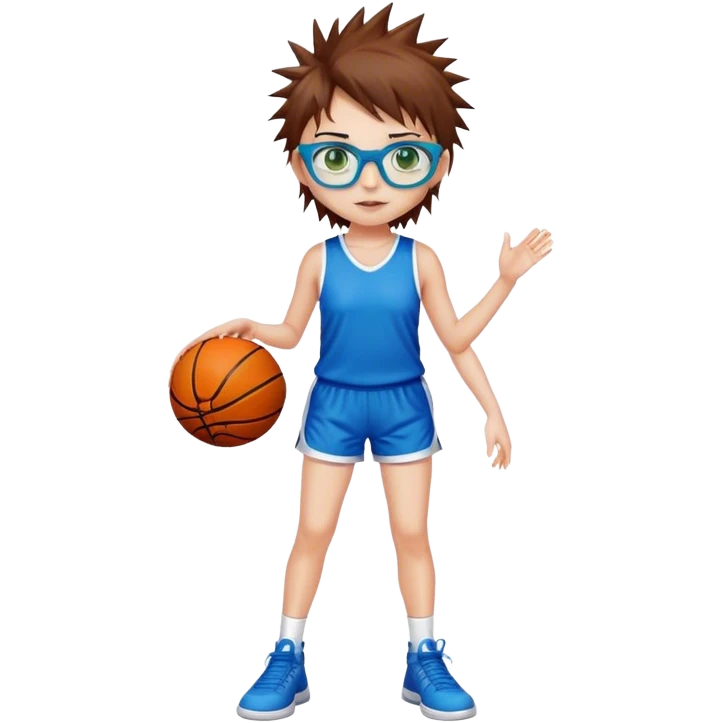 Full Body white Girl with basketball spikey short brown hair  wearing blue glasses with green eyes emoji