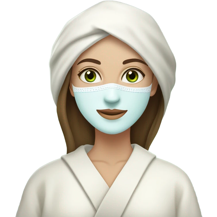 White girl with Brown hair and blue eyes wears a Green clay colored skincare textured mask and puts on cucumbers around her eyes while She relaxes in her white Robe emoji