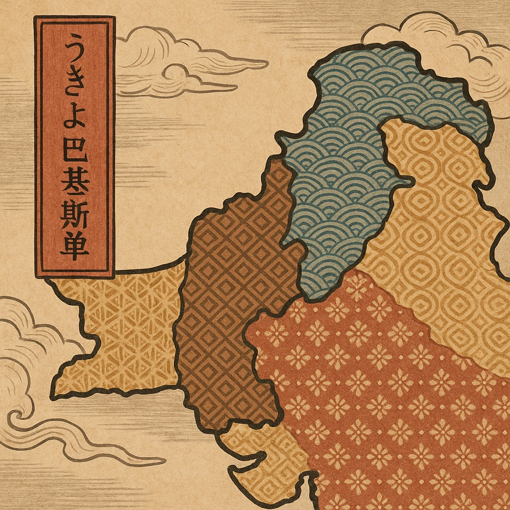 ukiyo-e inspired illustration of Pakistan with traditional patterns emoji