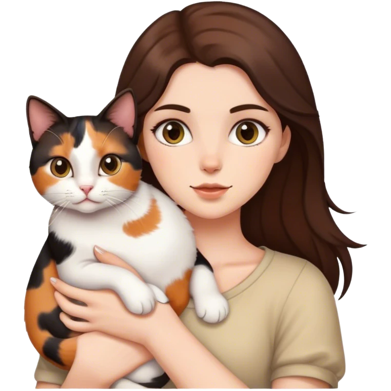 brunette white girl holding calico cat emoji
