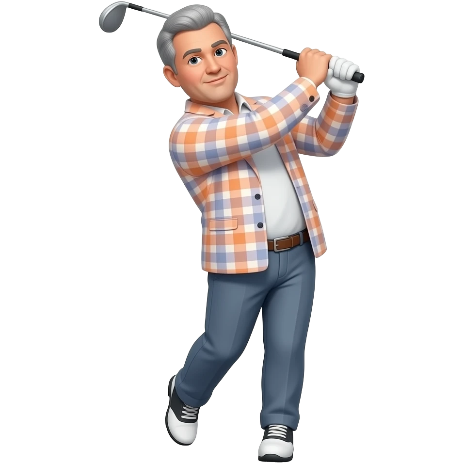 picture of a man making a golf swing while wearing a plaid sports coat. The sports coat colours should be light orange, pink and blue pastel colored. the man should also be a little heavier. the image should be of him finishing the swing. He should have slightly grey hair emoji