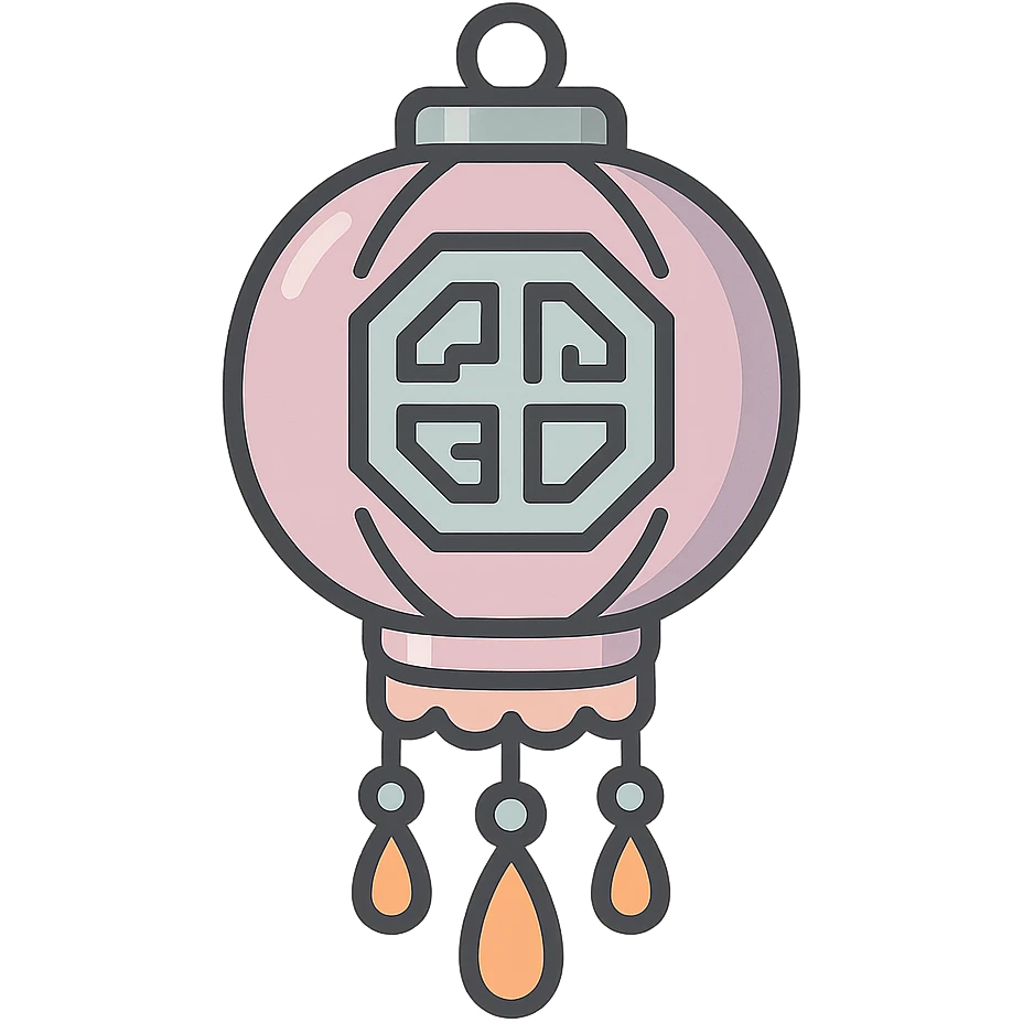 Chinese lantern with traditional Chinese pattern and decorative pendants, not minimalist, no floral decor, detailed shadows and highlights, thin clean contours, soft rounded shapes, pastel palette #98B5BC, #B5B3C1, #C9A3C9, #E4C0CA, #F7DCD1, #F7C0AA, modern Japanese pop-art and sticker aesthetics, high detail, vector sharpness, soft lighting, transparent background emoji