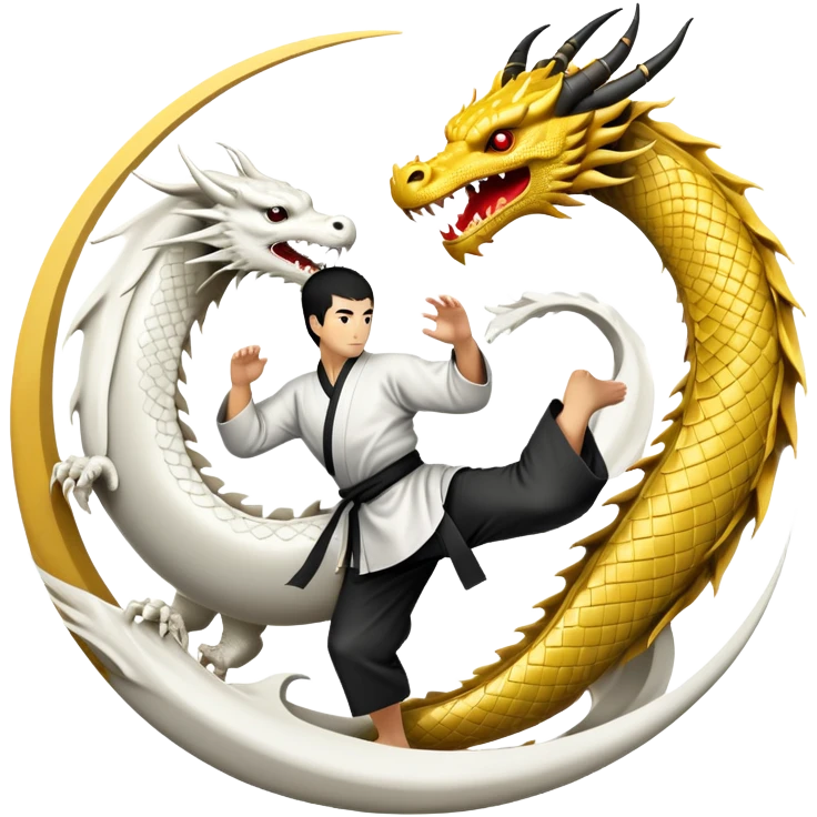 An icon symbolizing Eastern martial arts in the style of an emblem, featuring a black-and-white Yin-Yang symbol and a dragon at the center. A martial artist is performing a fluid kick, surrounded by elements like a dojo and bamboo. Transparent background highlights balance and power. emoji