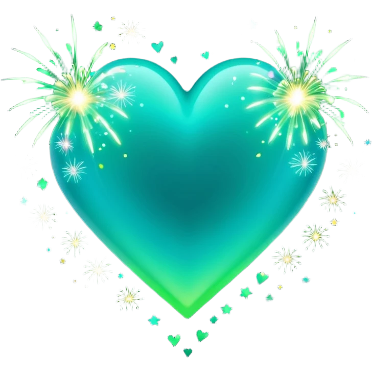 emoji: teal and neon green gradient heart with sparklers and firework confetti from behind. emoji