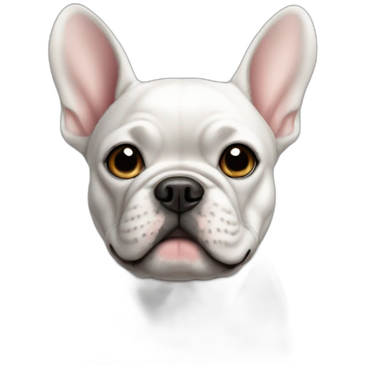 The dog is a French bulldog, white in color, with large ears, a black, small spot above the right eyebrow emoji
