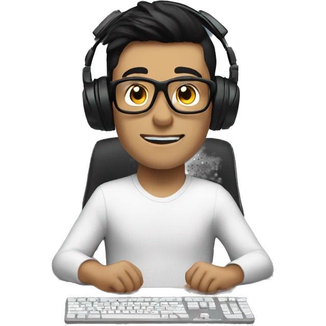 white boy with dark hair and glasses wearing gaming headset and sitting at desk on desktop computer   emoji