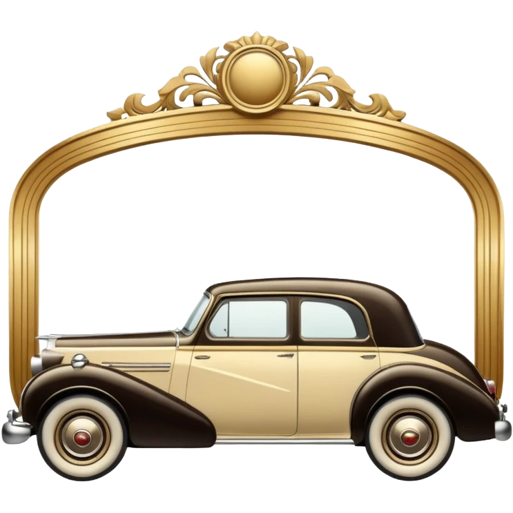 Vintage 1950s classic car side profile silhouette, 
art deco ornamental frame around it, 
aged gold and cream tones, retro chrome badge, 
timeless elegance, old world prestige emoji