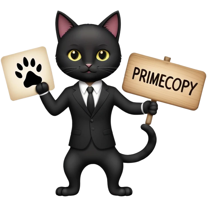 A black cat in a black business suit holds a sign with the inscription "PrimeCopy" in one paw emoji