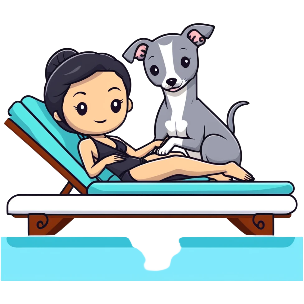 Very thin and slim Chinese woman with long black hair in elegant pool attire relaxing on a comfortable spa lounger at a luxury spa pool with only ONE Italian greyhound that is COMPLETELY solid dark grey with ABSOLUTELY ZERO white markings anywhere - 100% uniform dark grey color only - the single dog is relaxing on or beside the lounger emoji