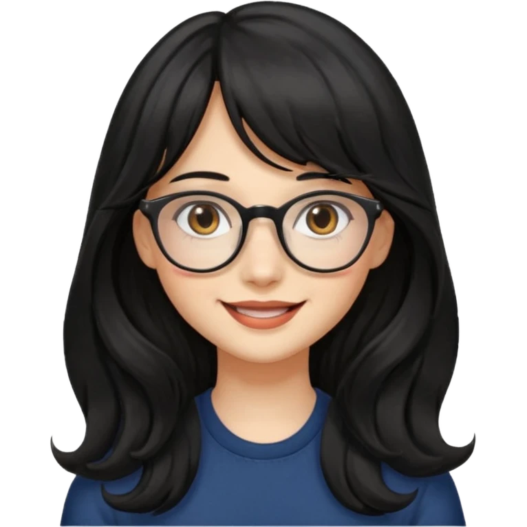 Please generate a portrait of a pretty girl with long, wavy, black hair. She's smiling. She also wears a middle parting and bangs. with glasses emoji