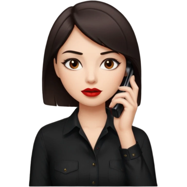 generate a pretty fair bratz girl with dark brown eyes. Dark brown hair straight short hair. tight black button up shirt with top shirt open.  Talking on the phone. Red lipstick, eyeliner on emoji