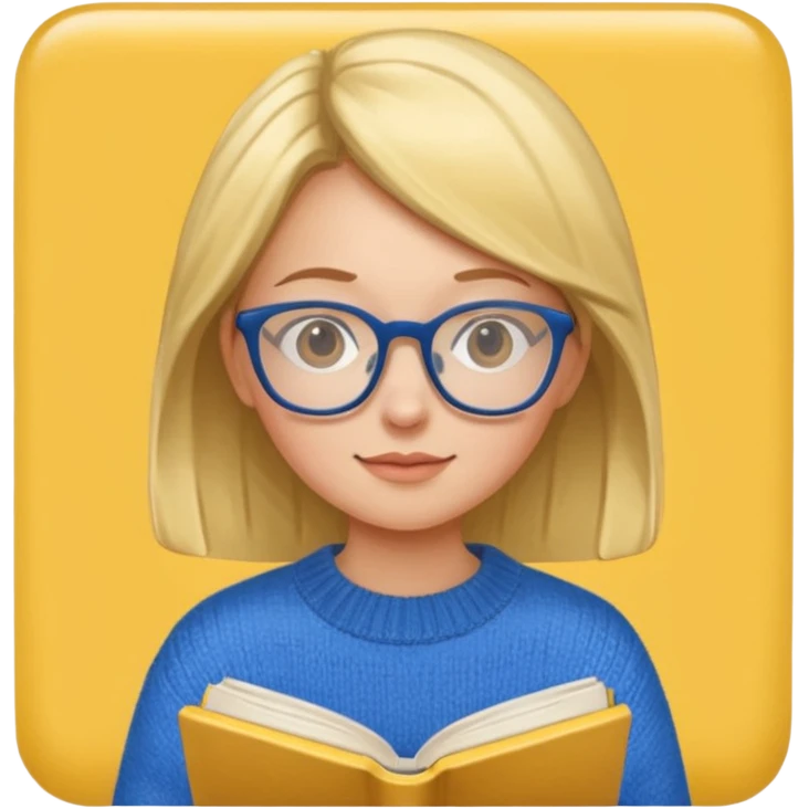 a girl with glasses wearing blue sweater reading a yellow cover book emoji