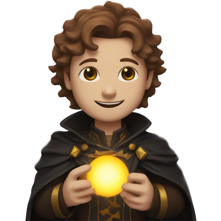 A sun warlock who is pale with brown hair and is holding a black kitten emoji