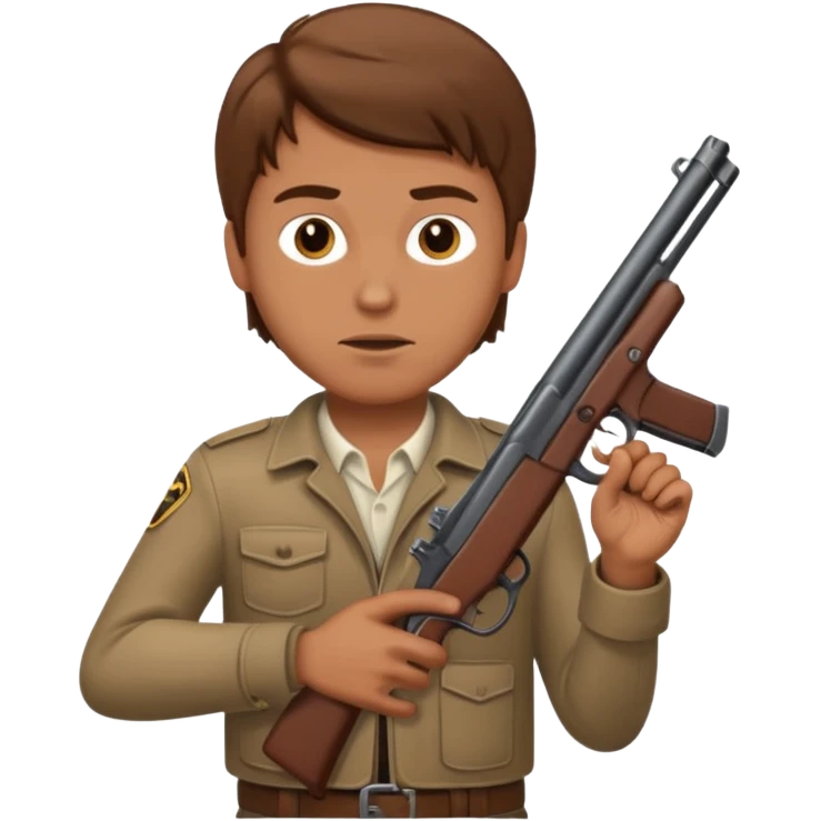 White guy with brown hair holding a gun like a cop would emoji
