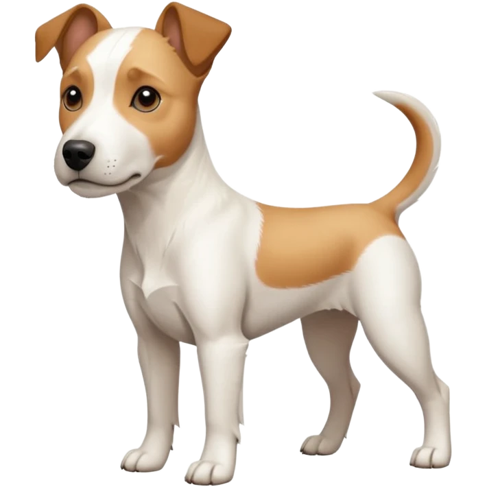a full body facing front on of a buff white parson russell terrier looking dog the size of a kelpie with light brown long ears resting on its face and a light brown patch on one eye and a large snout. the rest of the dog is completely white.  emoji