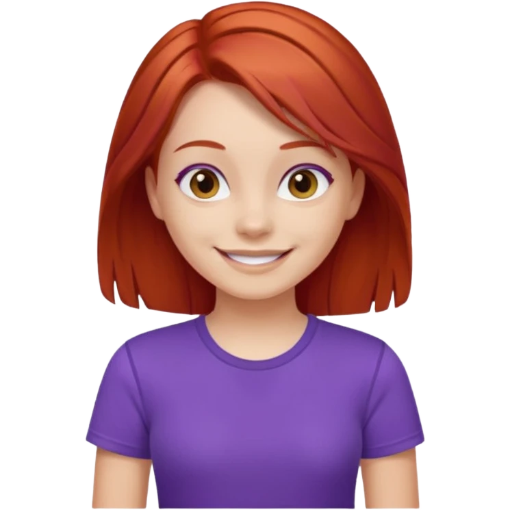 Young girl with red hair, wearing a purple T-shirt, with a smiling face emoji