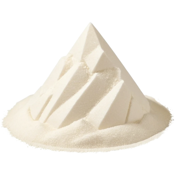 small crystalline pile of fine white powder, sparkly and grainy texture, denser and glossier than flour, sharp angular grains visible, no container or extras, soft lighting, subtle shadows, emoji scale emoji