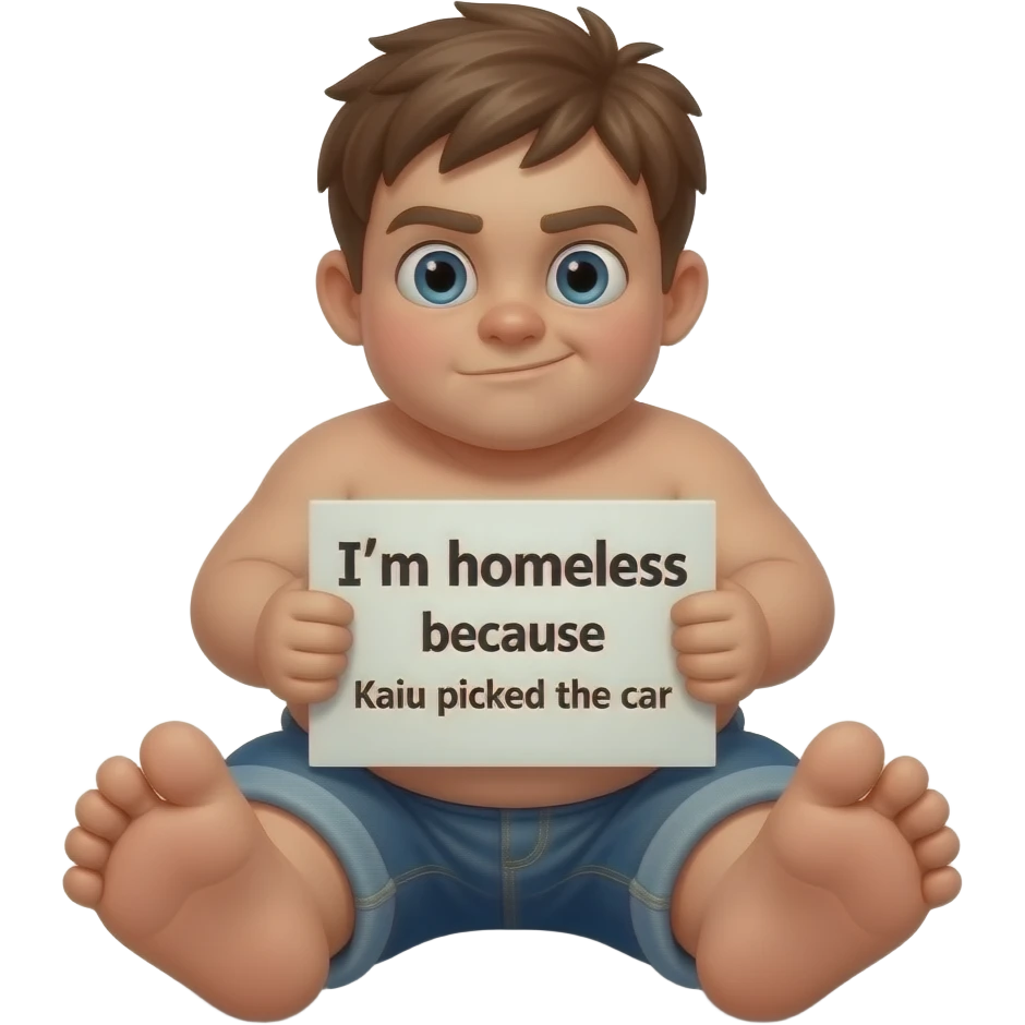 make a ugly megamind brown haired kid with a sign that says im homeless because kaiu picked the car and make him have big massive feet and no shirt and make sure hes fat emoji