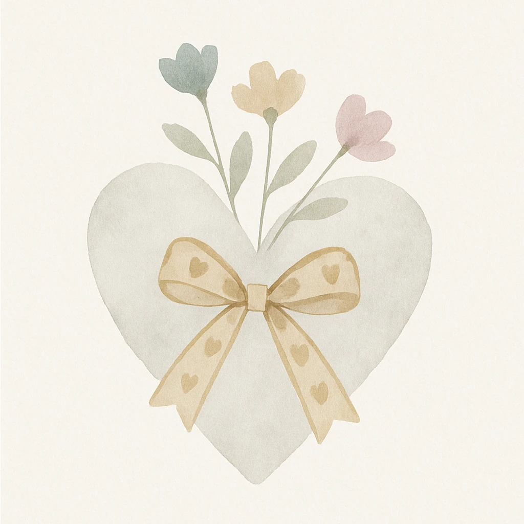 watercolor heart with flowers, gold bow with heart pattern on the bow, watercolor style emoji