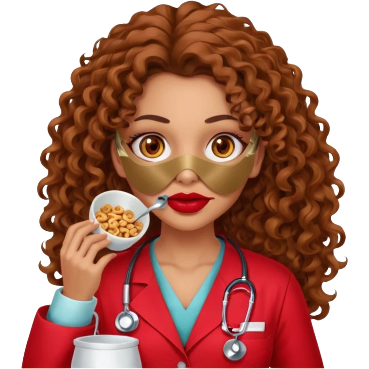 Sensual Spanish Lilith core evil surgeon.red outfit.  Surgeon has hazel eyes. Her hair is BROWN. Hair is also  long and  curly. wearing a sexy surgeon outfit with platform heels.she is a calculated smart cereal killer. She covers only her mouth and nose to hide identity  emoji