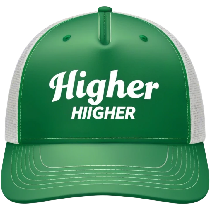 green higher trucker hat with center text "HIGHER" written on it,  white center emoji