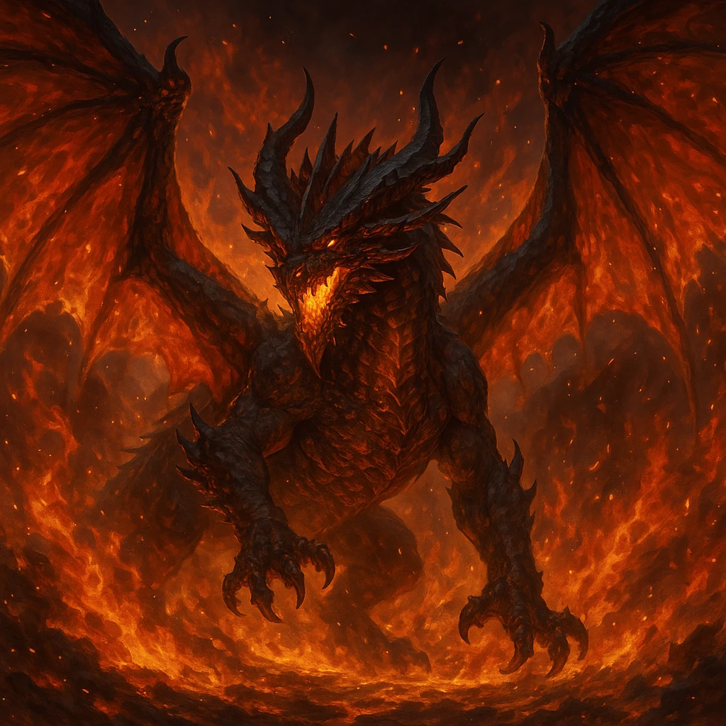 fire lord dragon, wings spread wide, fiery background, fantasy style, majestic fantasy illustration emoji